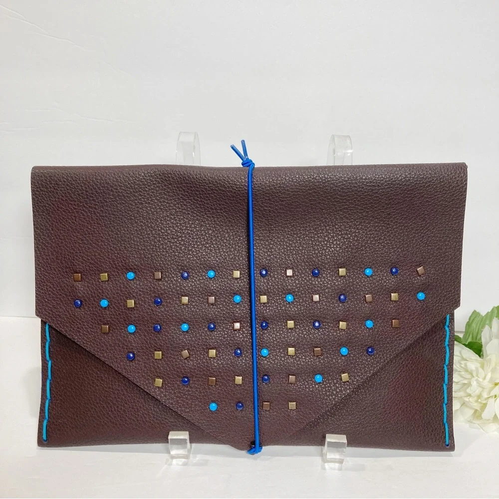 Beaded Funky Faux Leather Document Envelope With Elastic Band Closure NEW